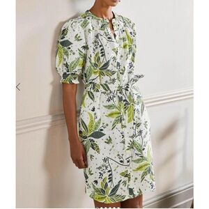 Boden Smocked Puff Short Sleeve Linen Shirt Dress size 2  Tropical Leaf Print